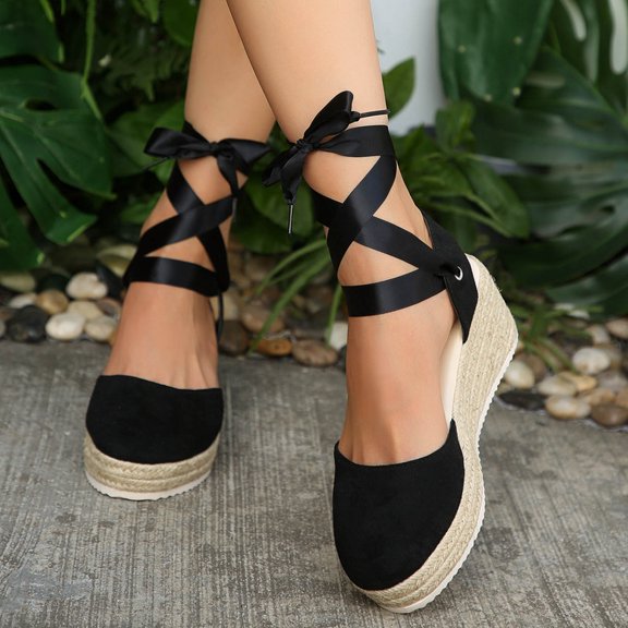 Womens Platform Espadrilles Closed Toe Wedge Sandals Tie up Ankle Strap Summer Dress Shoes for Wedding Vacation Black Size 7.5