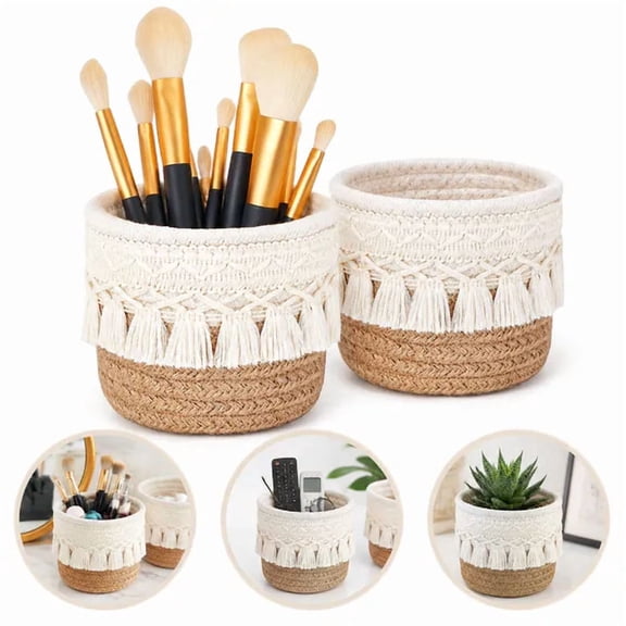 Macrame Makeup Brush Holder Mini Basket, Cotton Tassel Boho Desk Organizer, Tiny Storage Basket Set of 2 Khaki White for Brushes, Combs, Pens & Pencils