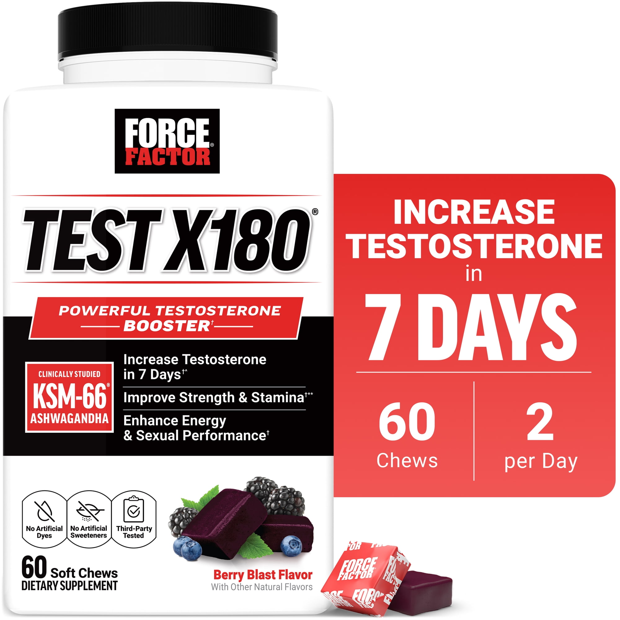 Force Factor Test X180, Testosterone Booster for Men with KSM-66 Ashwagandha for Muscle, Strength, Stamina & Libido, Berry Blast, 60 Soft Chews