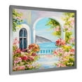 thumbnail image 2 of Designart 'Pink Flowers With Traditional Greek House' Nautical & Coastal Framed Art Print, 2 of 4