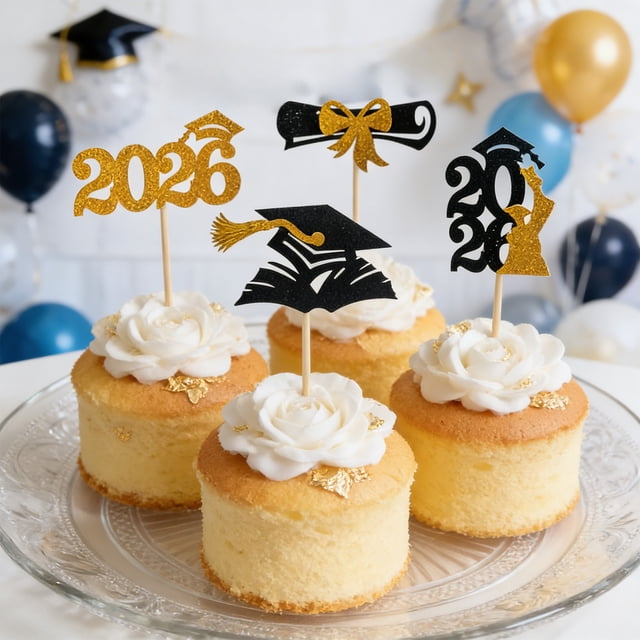 BUTASY Cupcake Toppers Graduation Season Glitter Paper Flag Party Cake Decoration 24 Pack