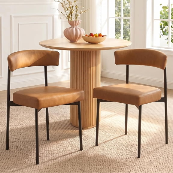 Brown Faux Leather Dining Chairs Set of 2, Armless Upholstered Kitchen Chair,Modern Dining Room Chair with Curved Backrest