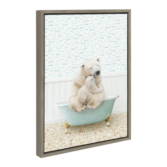 Kate and Laurel Sylvie Mother and Baby Polar Bear in Little Fish Bath Framed Canvas Wall Art by Amy Peterson Art Studio, 18x24 Gray, Cute Animal Bathtub Art for Wall