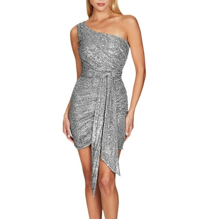 RYKJLWY Womens Sundresses Women s One Shoulder Pleated Streamer Bag Hip Dress Pure Wind Sequin Halter Dress Summer Women Summer Dresses for Teens (Gray M)