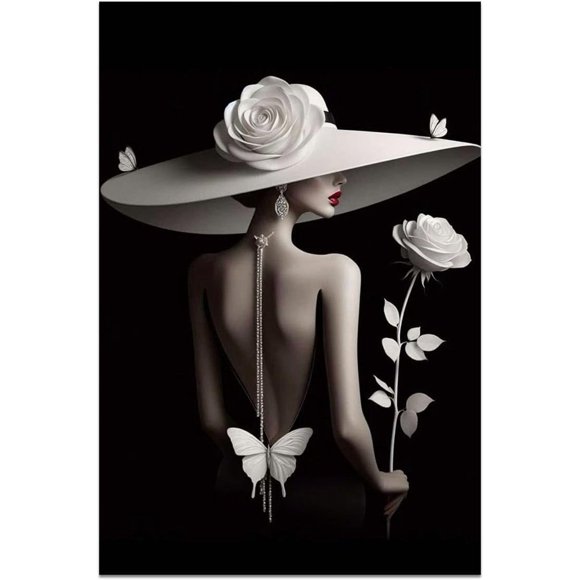 Abstract Art Poster A Woman Holding White Roses Black and White Wall Art Vintage Butterfly Pictures Paintings Artwork Room Aesthetic for Apartment Wall Decor Gifts for Girls Poster 20*30inch