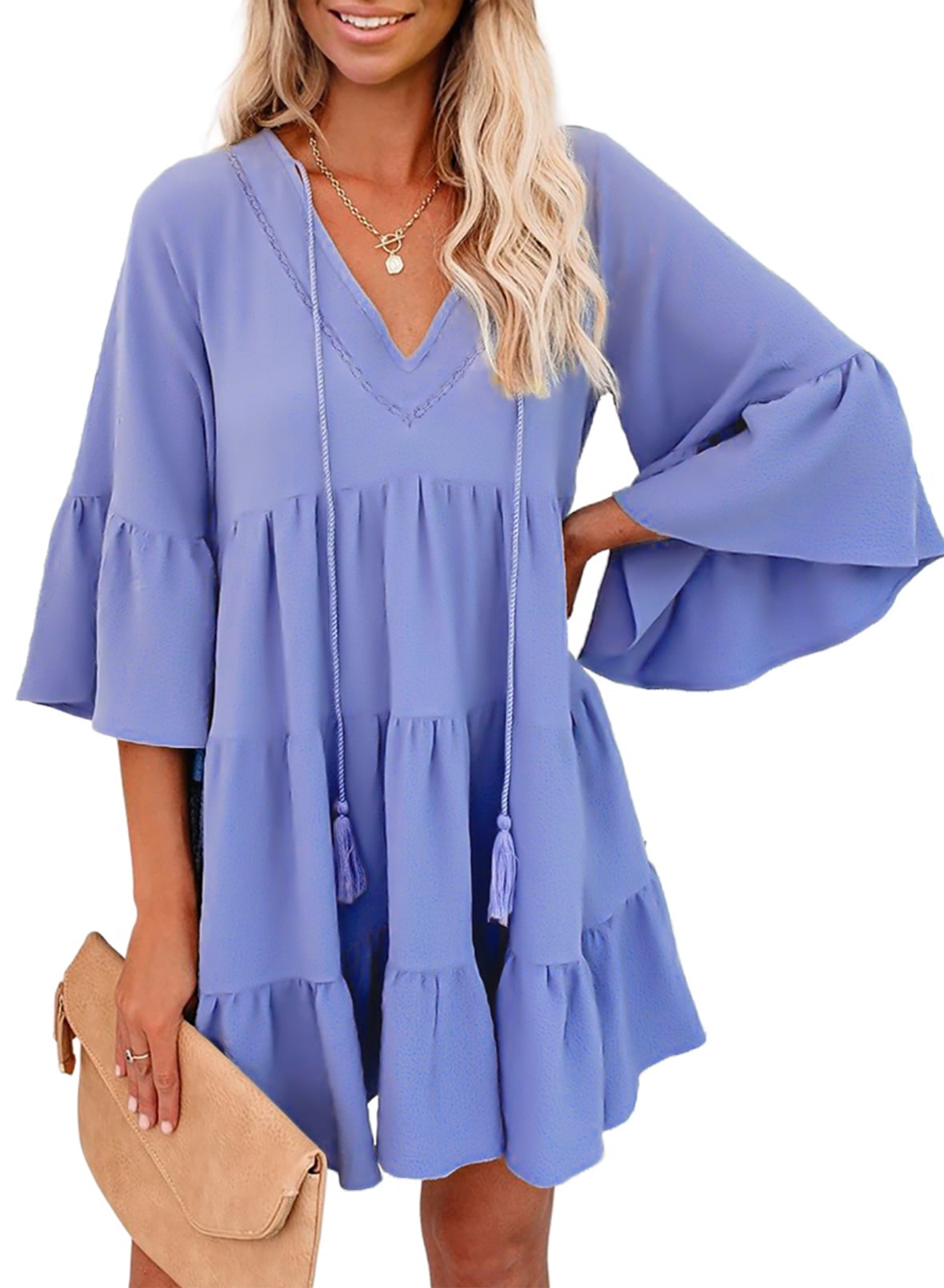 Dokotoo Womens Sky Blue Tassel Swing Mini Dresses V Neck Tunic Dress Loose Flowy Casual Bell Sleeve Pleated Short Sleeve Sundress for Women, US 4-6(S)