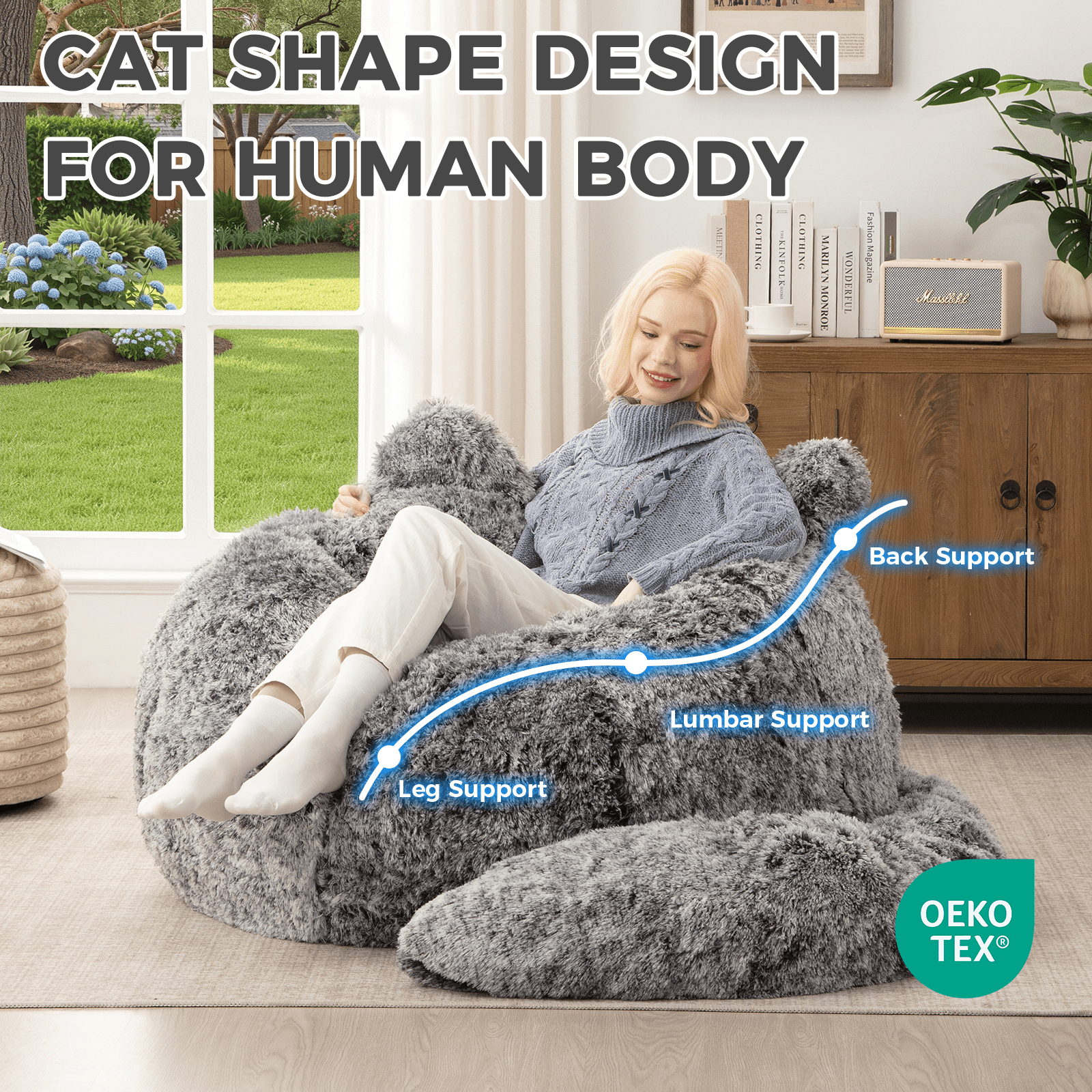 Ebenchico 3.6ft Cat Shaped Bean Bag Chair for Adults Teens Kids, Giant Faux Fur Plush Beanbag Chairs with Filler, Black