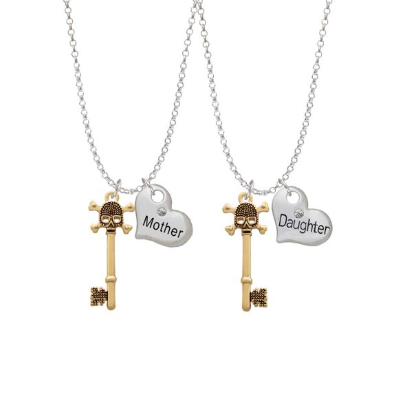 Delight Jewelry Goldtone Antiqued Beaded Skull Key Mother & Daughter Heart Necklaces (Set of 2), 19" 2"