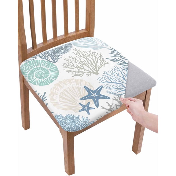 Coastal Chair Seat Covers for Dining Room Stretch Chair Seat Covers Set of 4, Summer Beach Nautical Coral Starfish Chair Seat Protector Cushion Slipcovers for Kitchen Restaurant Office
