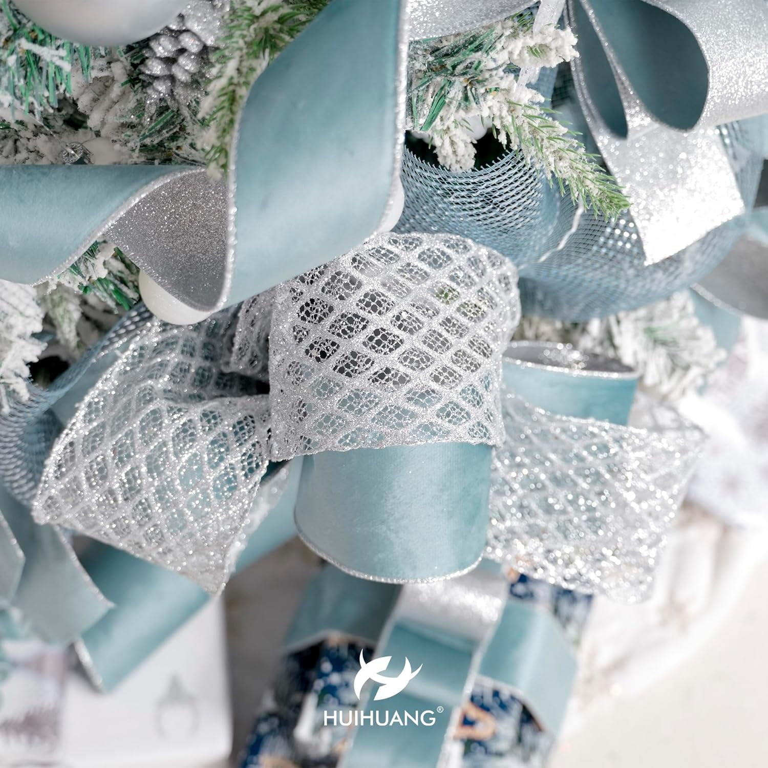 Christmas Velvet Wired Ribbon 4 inch Dusty Blue Velvet with Silver Glitter Wired Ribbon for X-mas Trees Decoration, Large Bows, Holiday Crafts, Wreaths Supplies- Continuous 10 Yards