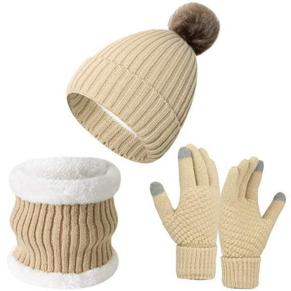 Women Plush Knit Three Piece Set - Thick Hat Neck Warmer Gloves Combo, Comfortable Warm Stocking Stuffers, Winter Gifts For Girls Girls Christmas Gifts for