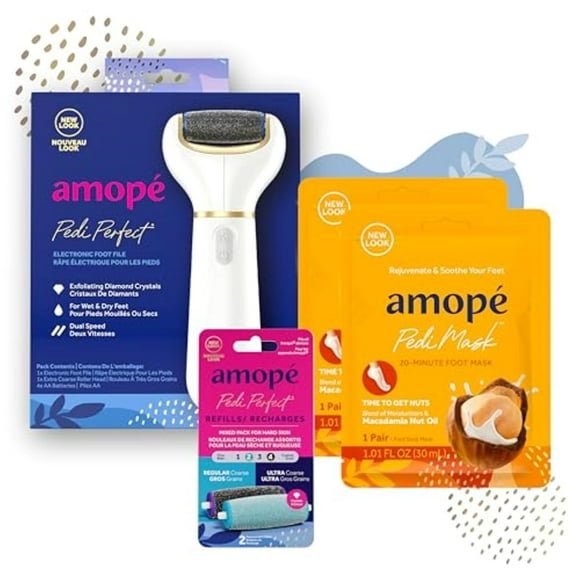 Amopé Pedicure Value Kit, Spa Pampering Pack, Self-Care & Relaxation Gift, contains Pedi Perfect Electric Callus Remover Foot File, 2 Macadamia Oil PediMask Foot M