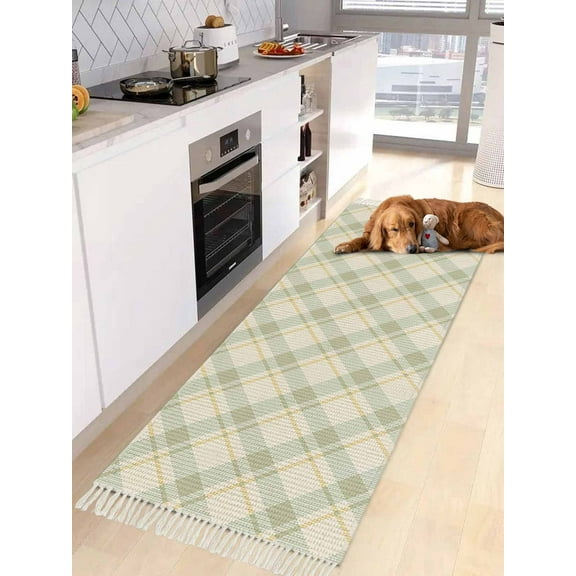 Farmhouse Grid,Entryway Runner Rug 2x4ft,Country Minimalistic Geometric Plaid Lattice Washable Woven Living Room Hallway Bedroom Kitchen Carpet with Tassels,Indoor Outdoor Throw Door Mat for Entryway