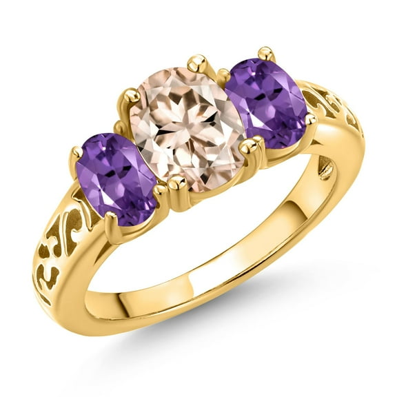 Gem Stone King 18K Yellow Gold Plated Silver Peach Morganite and Purple Amethyst Filigree Style 3 Stone Ring for Women (1.90 Cttw, Oval 8X6MM and 6X4MM) (Size 9)