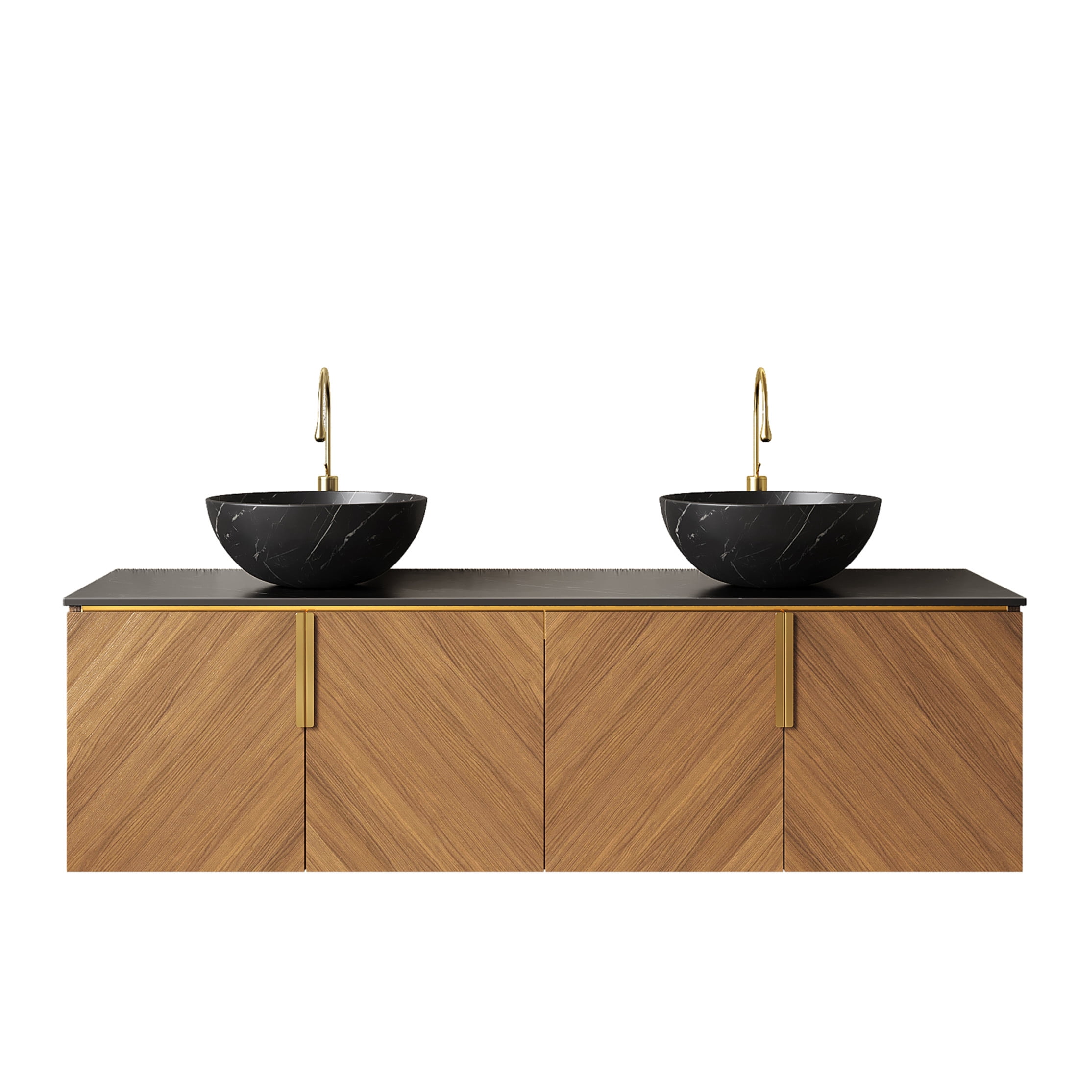 Noble House ARAI 60" Floating Double Bathroom Vanity, Sintered Stone Top Cabinet with Dual Black Bowl Sink, Oak