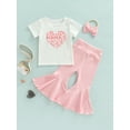thumbnail image 2 of Toddler Girl BellBottoms Outfit Letter Print T-Shirt + Ribbed Flared Trousers + Headband 3 Pcs Pant Clothing Sets, 2 of 8