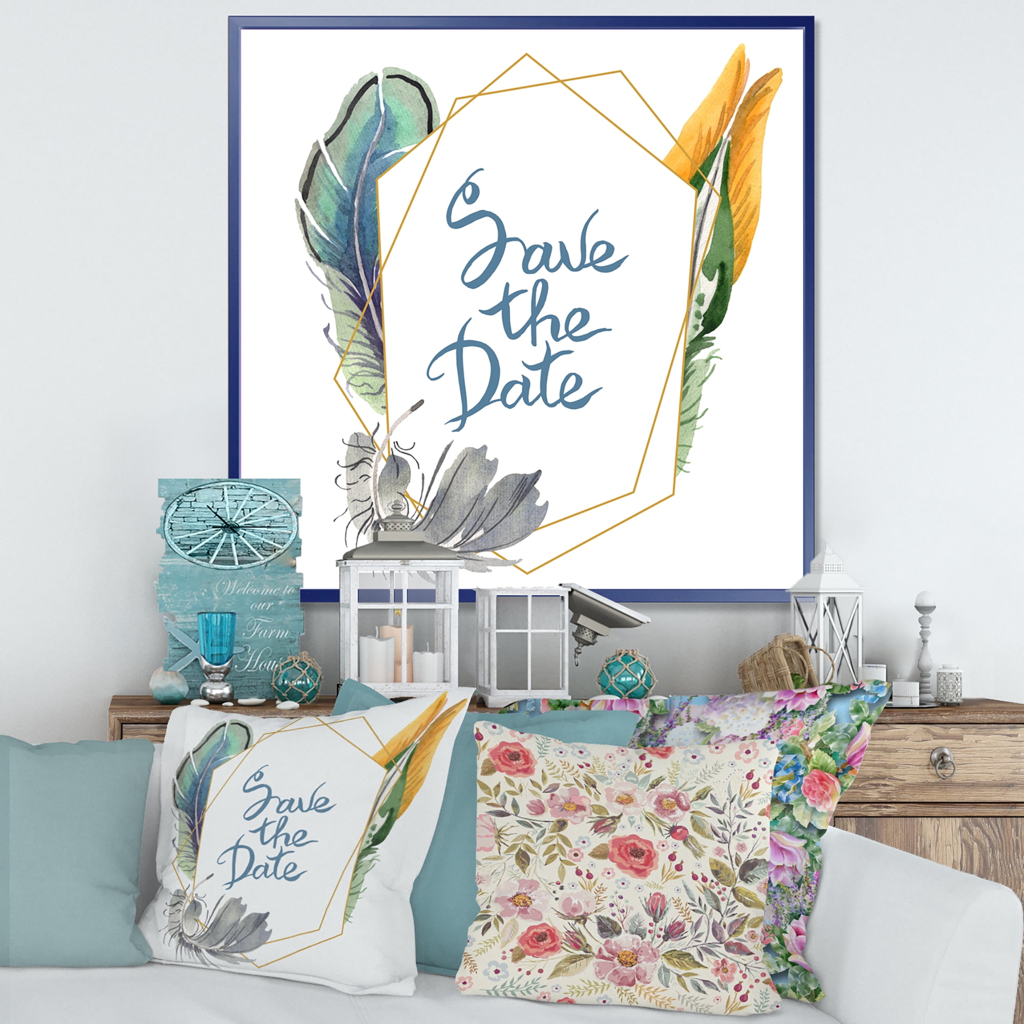 Save The Date Bird Blue Feather 16 in x 16 in Framed Painting Canvas Art Print, by Designart