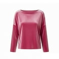 thumbnail image 4 of Lenpel Velvet Tops for Women Trendy Long Sleeve Boat Neck Vintage T Shirts Dressy Casual Blouses Loose Velour Tees(Pink,Small), 4 of 5