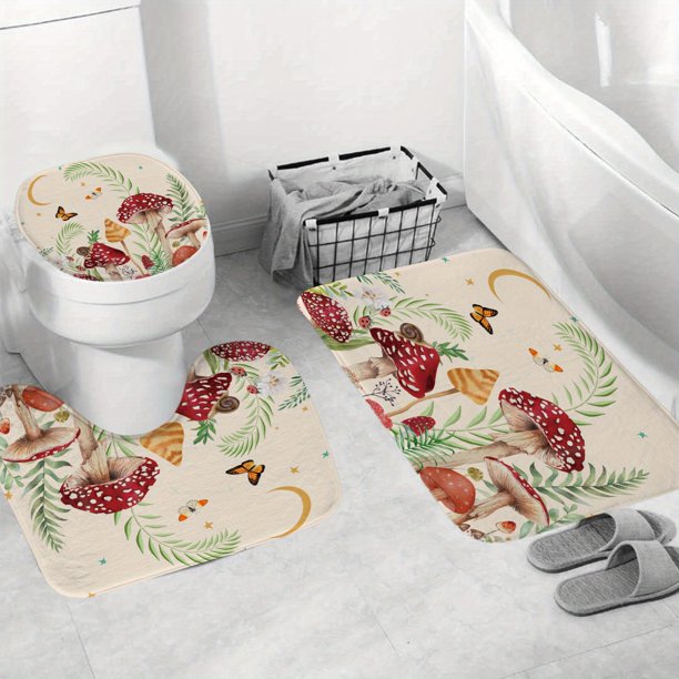 1pc/3pcs/4pcs Waterproof Mushroom Iris Shower Curtain Set with Non-Slip Bathroom Rug and Soft Toilet Rug - 71x71 Inches - 12 Hooks - Room Decor and Bathroom Partition - Soft and Durable Fabric - Easy