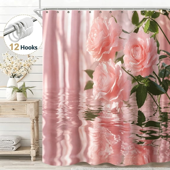 Watercolor Flower Fabric Pink Rose Shower Curtain, Elegant Stunning Floral Shower Curtain Set for Bathroom, Waterproof Cloth Fabric with Hooks Decorative Aesthetic Bathroom Shower Curtain, 36*72in