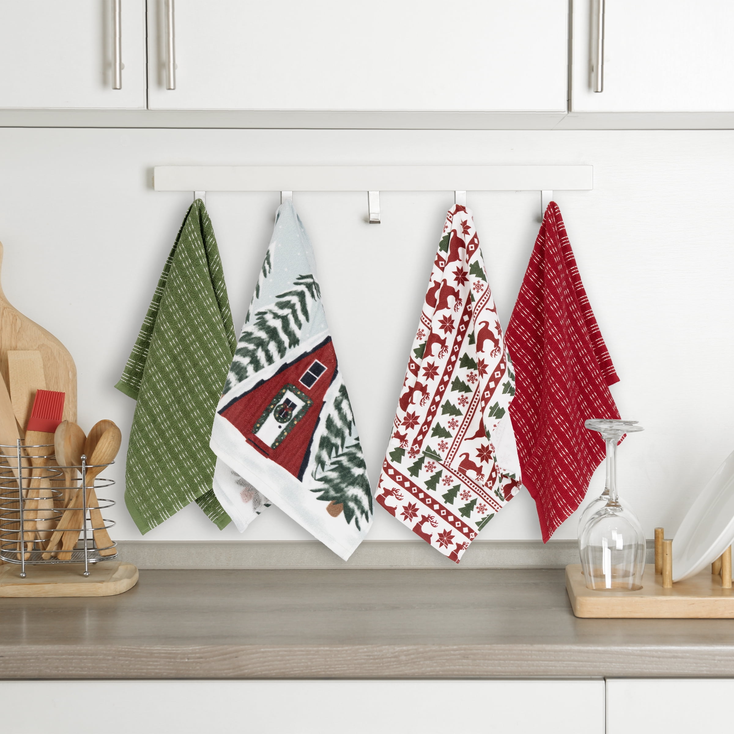 RITZ 100% Cotton Holiday Kitchen Towels, Set of 4, Chalet Reindeer Dish Towels Set, Festive Red Green