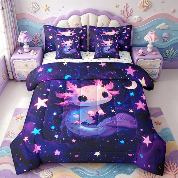 Manfei Colorful Axolotl 7-Piece Twin Bedding,Watercolor Animals Pattern Bedding Comforter Set,Colorful Stars Reversible