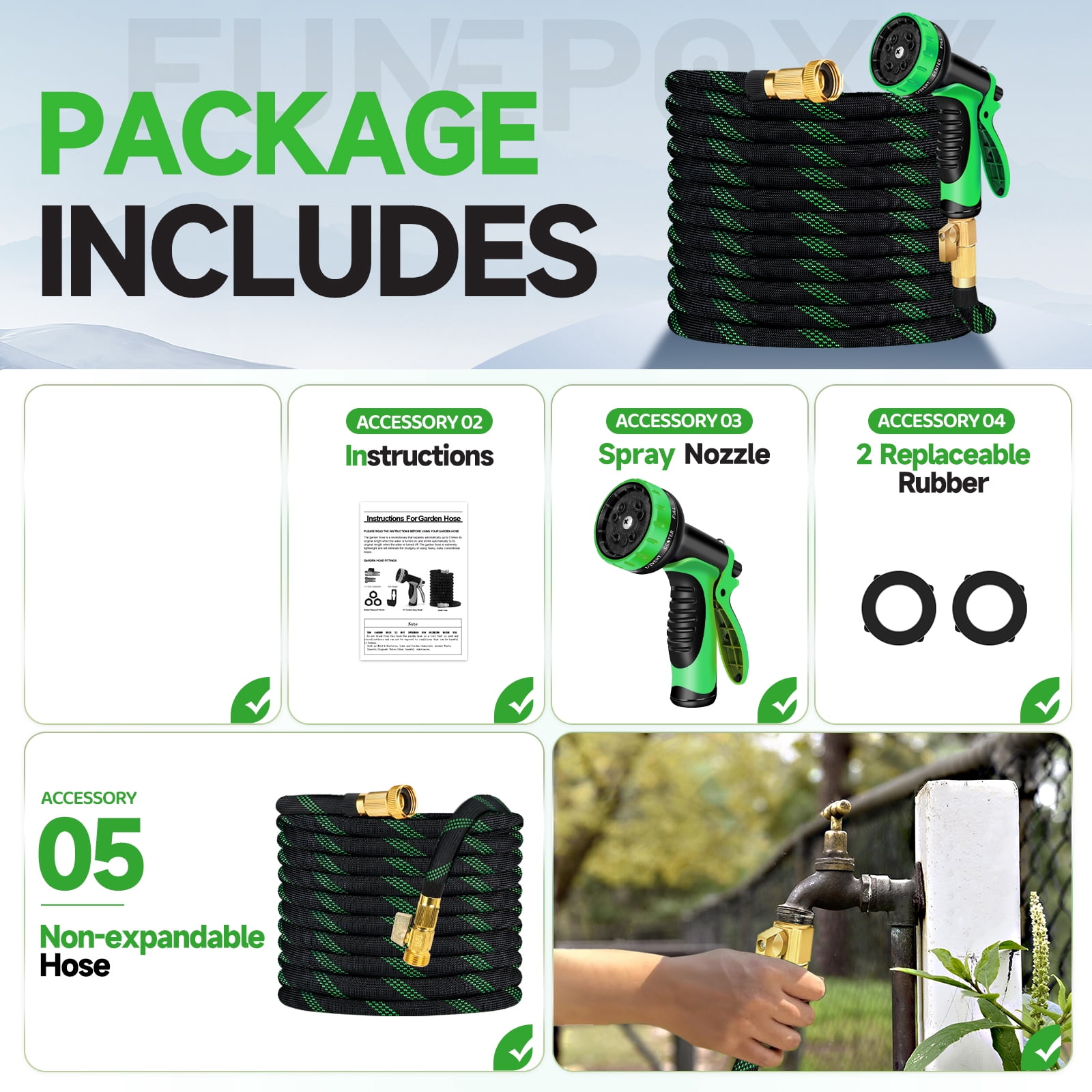 LOVFEN 50 ft Garden Hose,Non-Expanding Kink Free Flexible Water Hose with 10-Pattern Spray Nozzle, Lightweight Hose Pipe, Leak Proof, 3/4" Swivel Connectors, Super Fabric, Portable Storage Strap