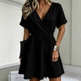 thumbnail image 2 of Women's Summer Cotton Linen Wrap V-Neck Mini Dress Short Sleeve Waist Tie Flowy A-Line Casual Swing Dress for Beach Daily Wear Black XXL(XXL), 2 of 7