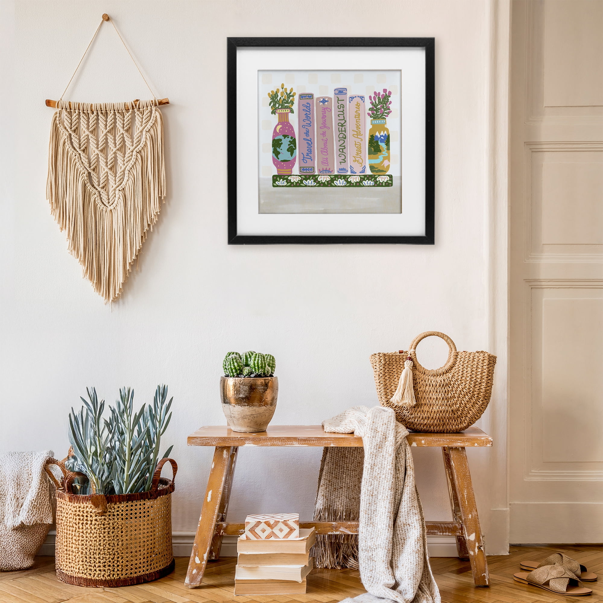 Stupell Industries Boho Travel Books Shelf Black Framed Print Under Glass, design by Connie Summers