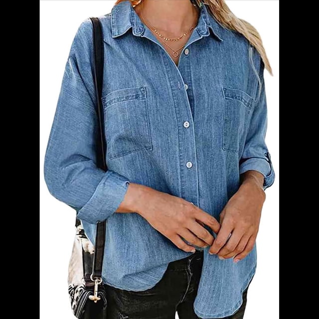 Camisas de Mujer con Botones y Cuello en V, Camisa Informal Holgada Lago Azul XL