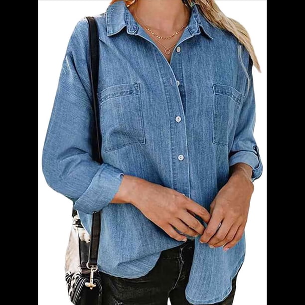 Camisas de Mujer con Botones y Cuello en V, Camisa Informal Holgada Lago Azul XXL