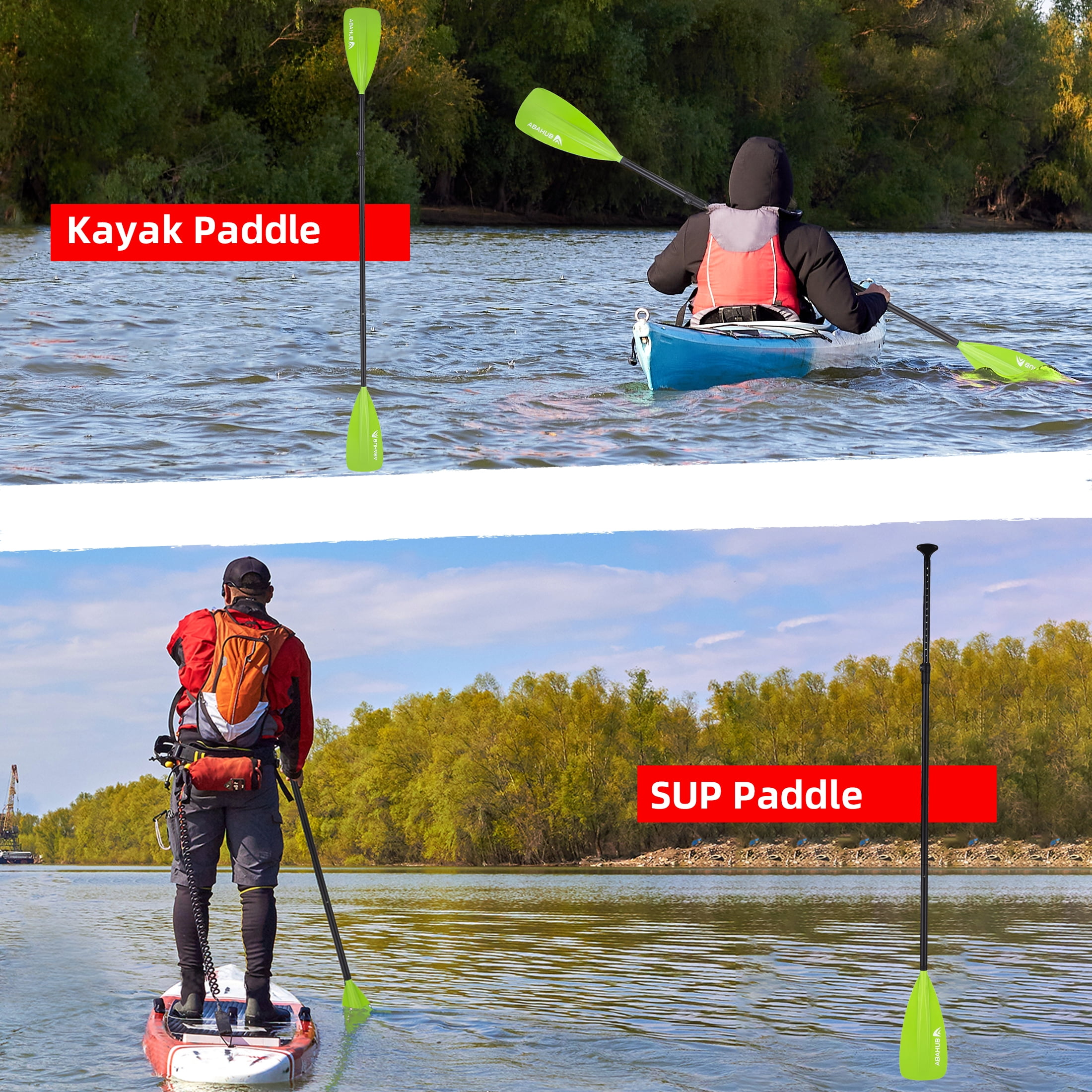 AbahubFit Paddle Oars for SUP and Kayak 2-IN-1, Adjustable Lightweight Paddle (4-Piece), Aluminum Shaft 68-84"(Green)