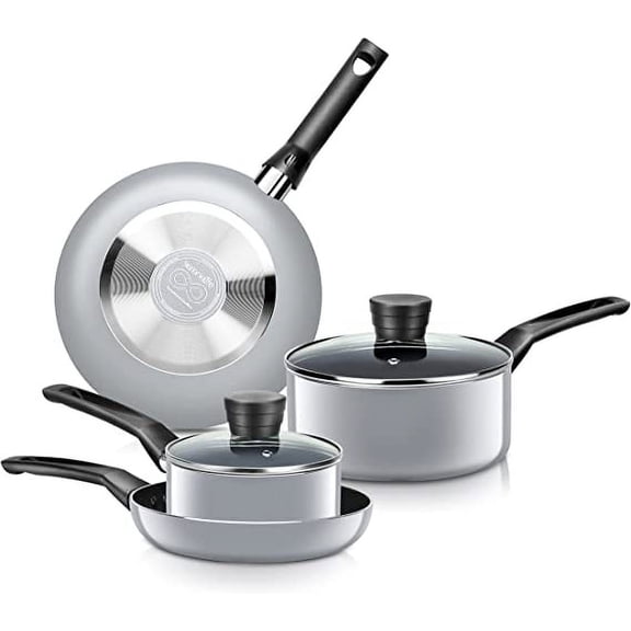 SereneLife 6-Piece Set Pots & Pans Basic Kitchen Cookware, Black Non-Stick Coating Inside, Gray