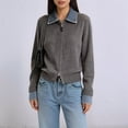 thumbnail image 4 of Women'S Denim Spliced Collar Zip‑Up Knit Cardigan Top Dark Gray One size, 4 of 7