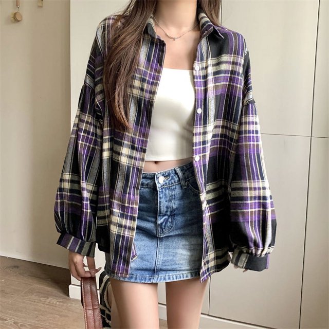 Camisa a cuadros para mujer, Top de manga larga de otoño, blusa Vintage a la moda con una botonadura, camisas holgadas a cuadros de estilo Preppy para mujer