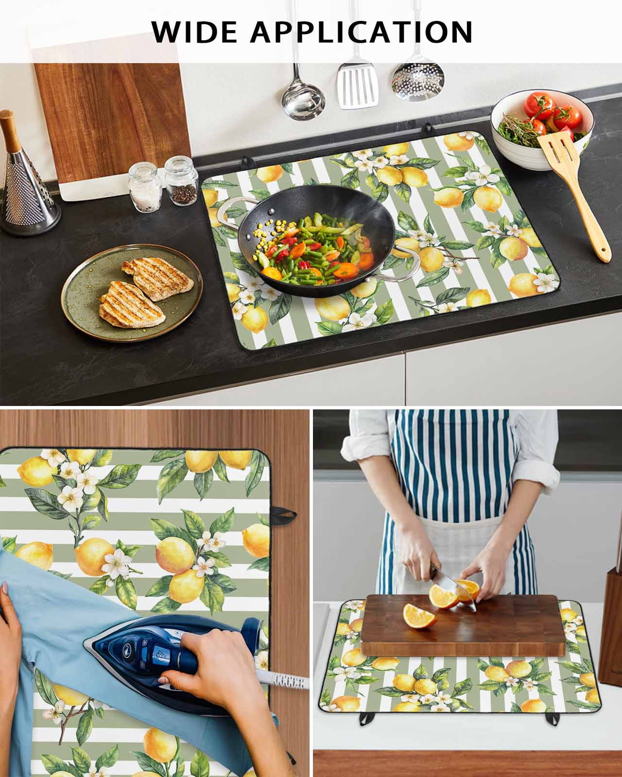 nqOlkjepod Large Induction Cooktop Protector Mat 24"x21", Spring Lemon Stove Top Covers for Electric Stove, Botanical Plants Sage Green Stripes Stove Burner Cover Mats, Glass Top Stove Cover