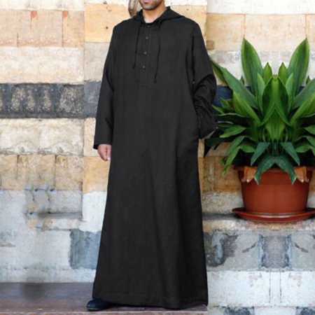 

WNG Men s Casual Solid Hooded Robe Long Sleeve Button Pocket Jubba Thobe