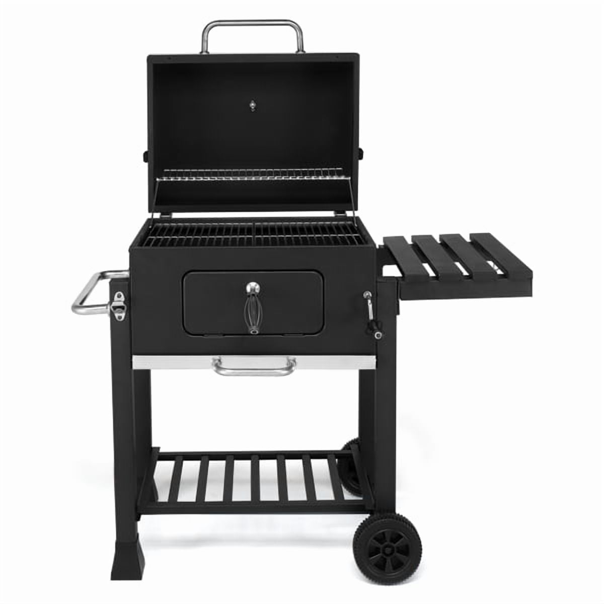 Heavy-Duty Charcoal Grill - Spacious Cooking Area, Height-Adjustable Charcoal Pan, Foldable Side Table & Wheels, for Backyard/Gatherings