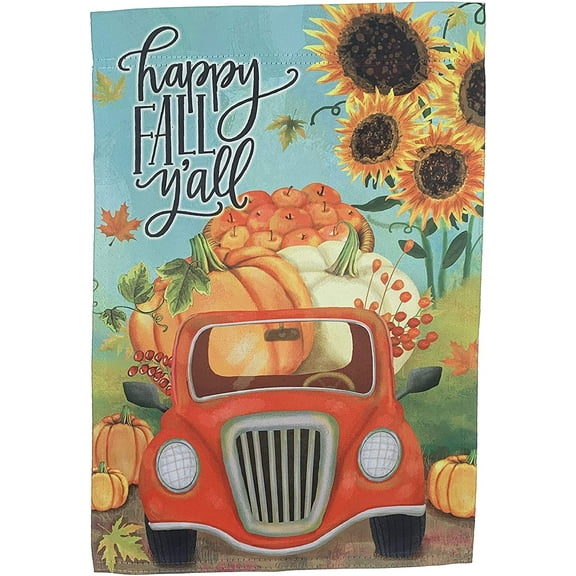 Happy Fall Y'all Garden Flag – 12" x 18", Harvest Pick Up Truck, Thanksgiving