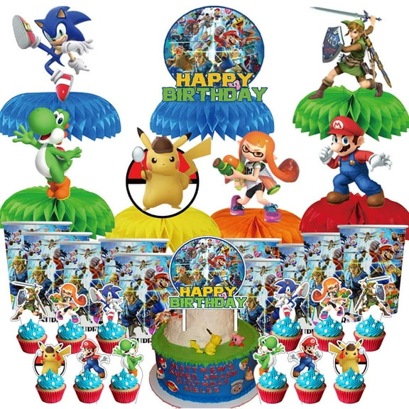 Super Smash Bros Party Supplies Decor Cups Fans Decorations Honeycomb Centerpieces Cake Toppers