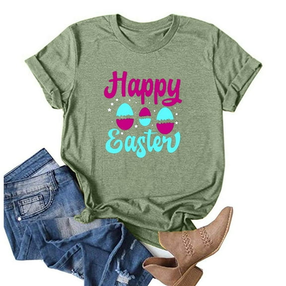 EQWLJWE Oversized Shirts for Women Casual Happy Easter Graphic Solid Color Short Sleeves Round-Neck Loose Summer Blouse Tops for Going Out
