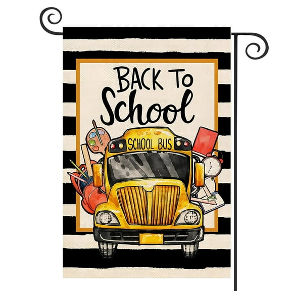 DMERBYL School Bus Back to School House Flag Burlap Black Stripes School First Day House Flag for Fall Seasonal Farmhouse Outdoor Outside Party Decoration 12x18 Inch