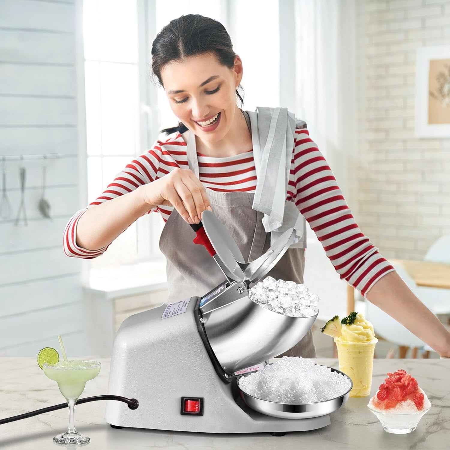Electric Ice Shaver Snow Cone Maker Machine Silver 143lbs/hr with Ice Pick for Home and Commercial Use