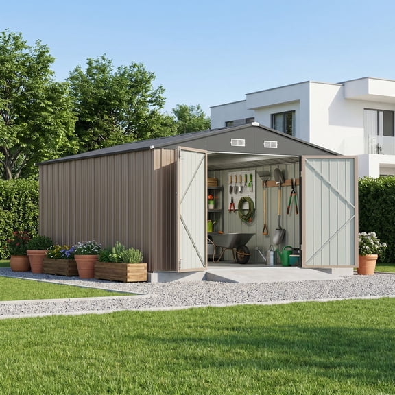 10 x 12 FT Outdoor Storage Shed, Heavy Duty Metal Shed with Lockable Double Door, Sloped Roof & Vents for Garden Backyard Lawn