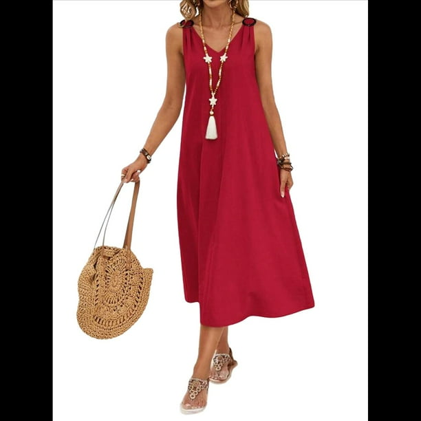 Vestidos para Mujer Verano Sin Mangas Cuello Algodón Playa Casual Vestido Vino Rojo S