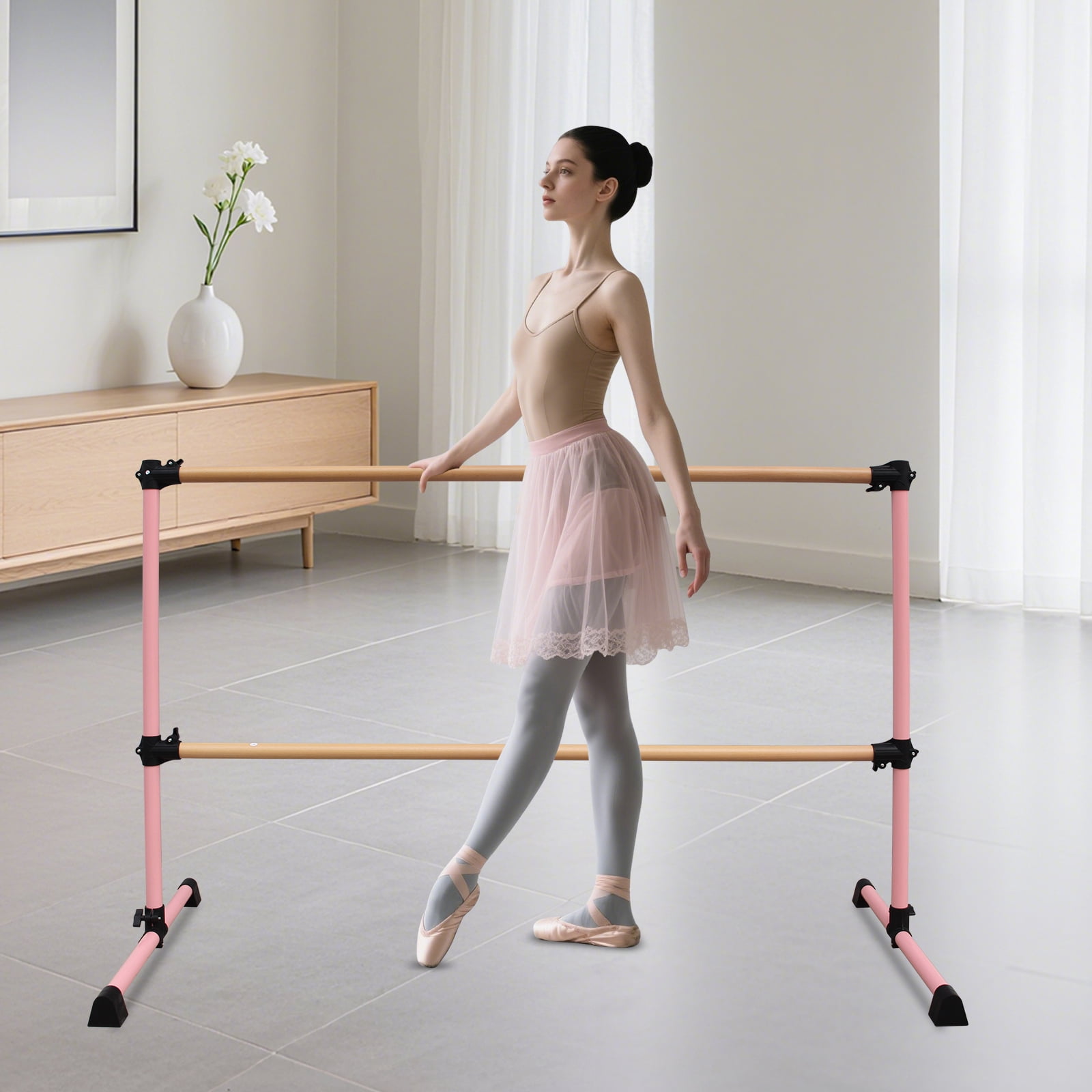 Solid Wood Ballet Barre 6FT with Adjustable Height 6.7-46 Inches, Professional Dance Practice Barre with Rotatable Base for Home, Studio, Adjustable, Pink