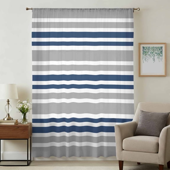 Navy Blue Grey Striped Sheer Curtains 84 Inches Long, Horizontal Lines Simple Minimalist Light Filering Curtains, Breathable Simi Curtain Privacy Drapes for Living Room Bedroom Window Treatment