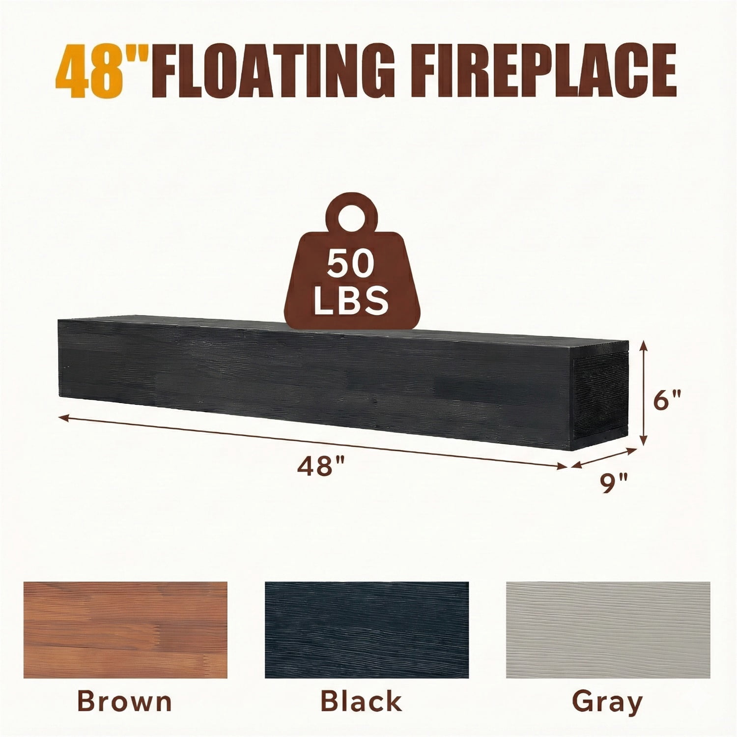 Hommoo 48" Rustic Wood Fireplace Mantel Wall-Mounted & Floating Shelf for Home Decor, Black