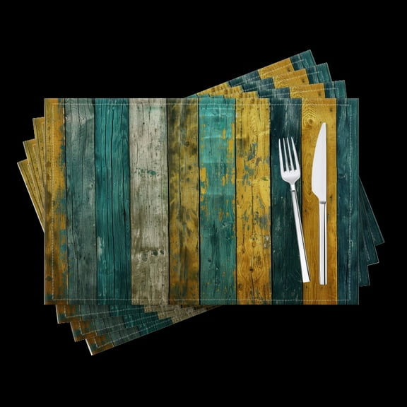 BaHomeck placemats Set of 4 Colorful Wooden Planks In Teal And Yellow Cotton Linen rectangle Placemats for Kitchen Dining Table Indoor,Outdoor,18*12inch