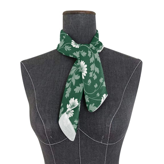 Square Scarf 24x24 Inch White Flowers on Green Background Silky Satin Sun Protection Neck Scarf for Women Multi-Purpose Head Wrap Bandana for Hair Bag Decoration